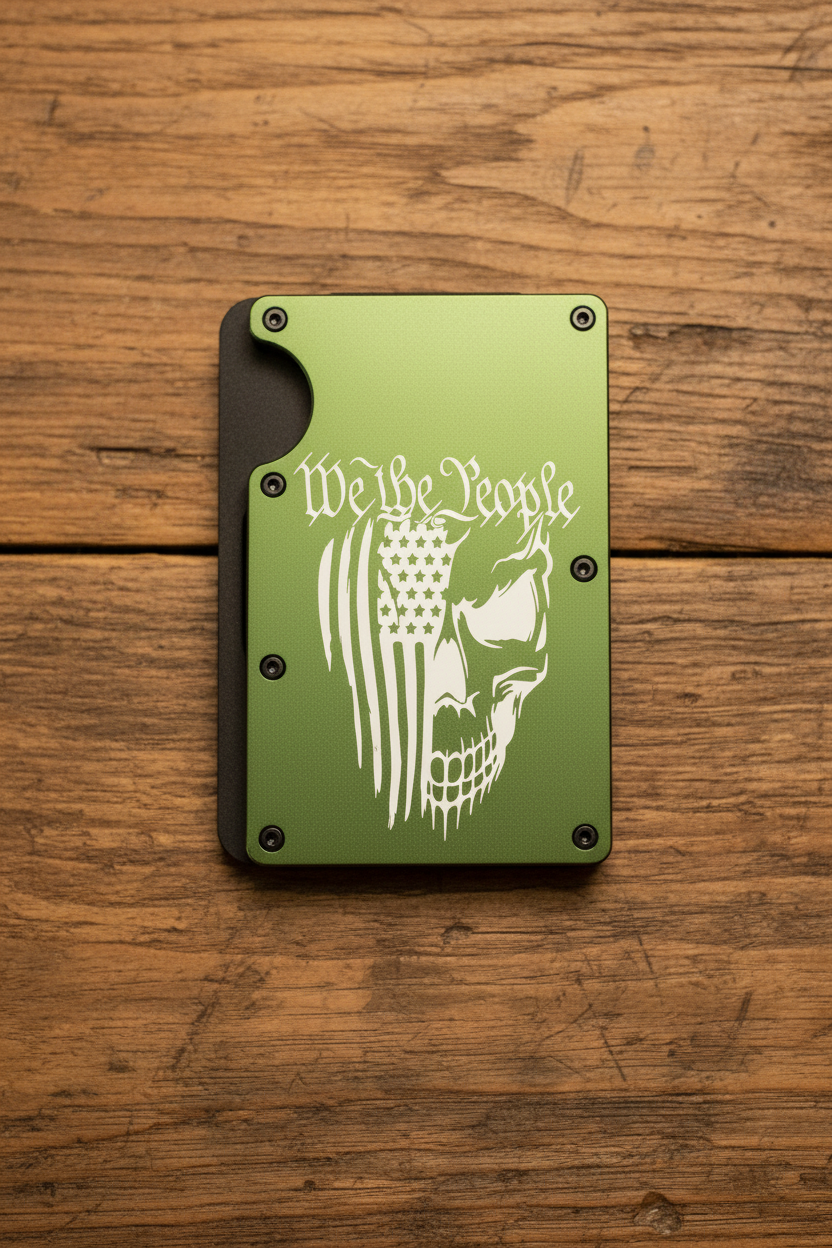 We The People Laser Engraved Metal Wallet | American Flag & Skull | Slim 12-15 Card Wallet with Money Clip