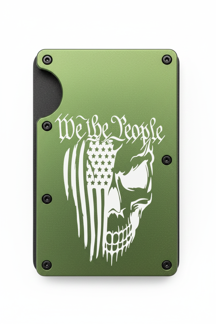 We The People Laser Engraved Metal Wallet | American Flag & Skull | Slim 12-15 Card Wallet with Money Clip