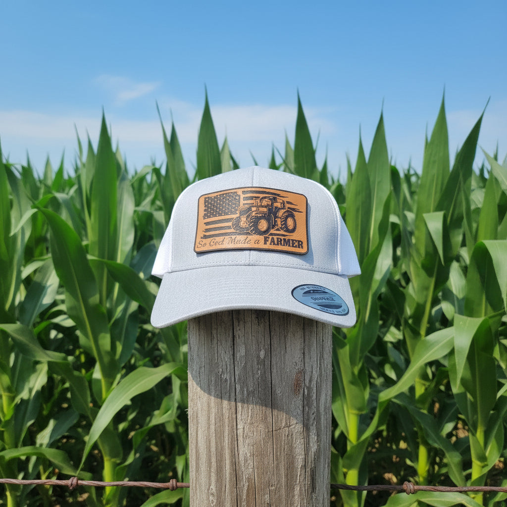 So God Made A Farmer Snapback Hat – Laser Engraved Leatherette Tractor Patch