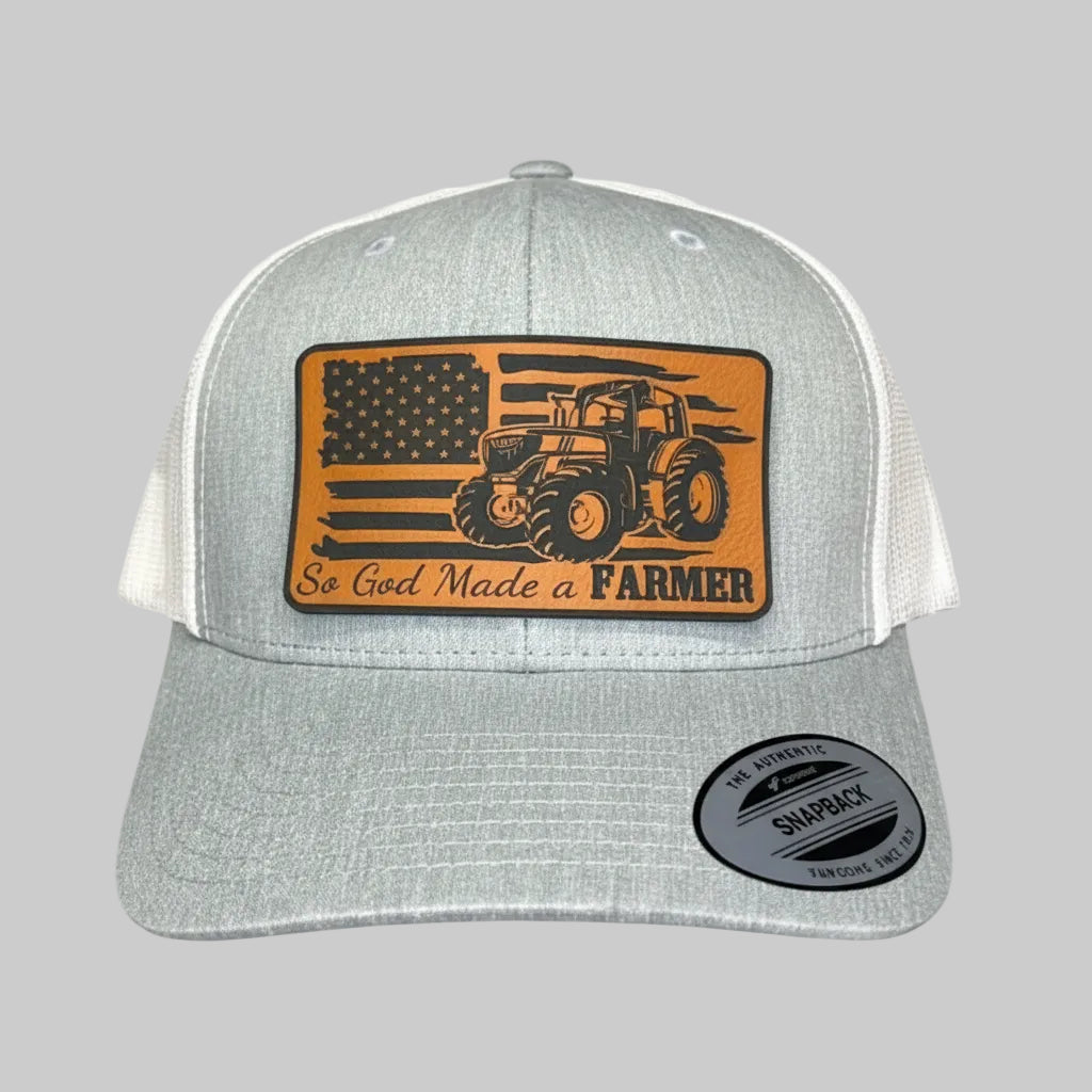 So God Made A Farmer Snapback Hat – Laser Engraved Leatherette Tractor Patch