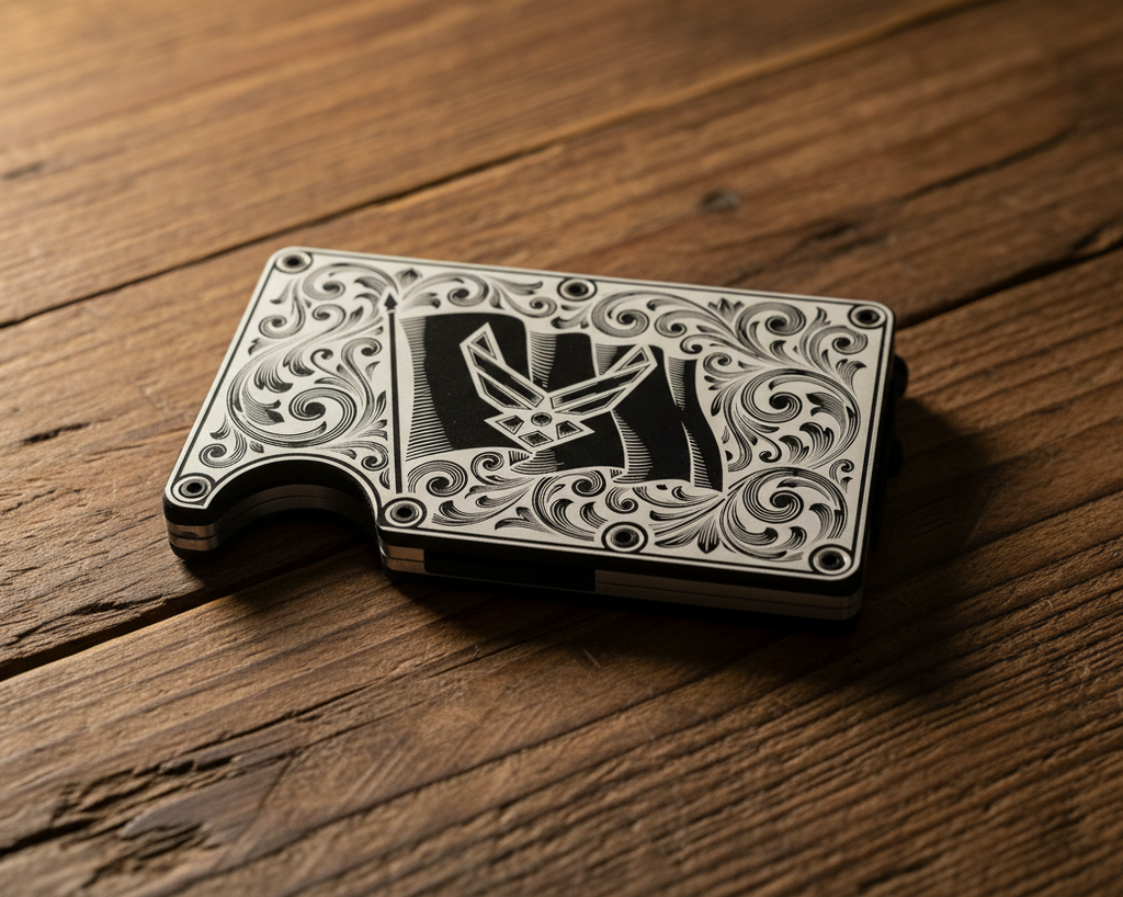 Air Force Laser Engraved Metal Wallet | Flag & Logo with Scrollwork | Slim 12-15 Card Wallet with Money Clip
