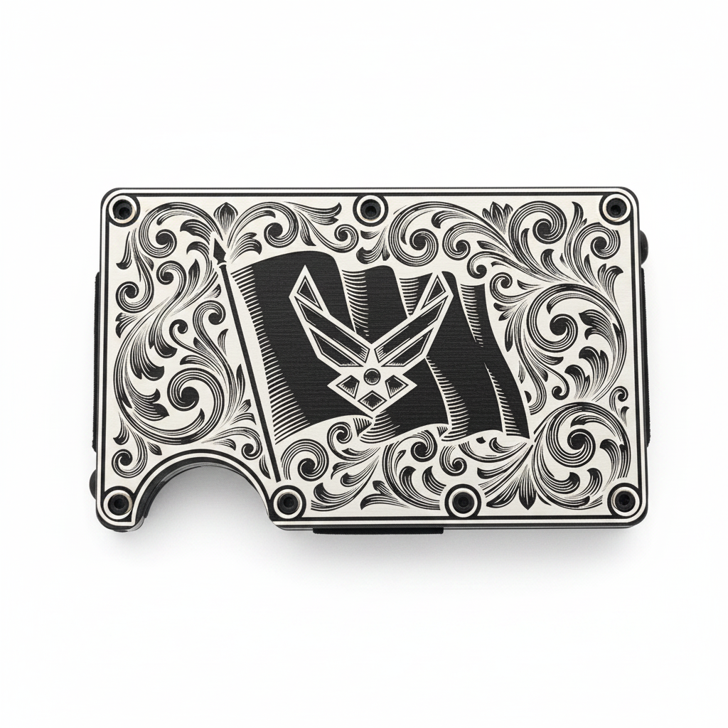 Air Force Laser Engraved Metal Wallet | Flag & Logo with Scrollwork | Slim 12-15 Card Wallet with Money Clip