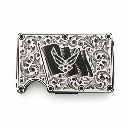 Air Force Laser Engraved Metal Wallet | Flag & Logo with Scrollwork | Slim 12-15 Card Wallet with Money Clip