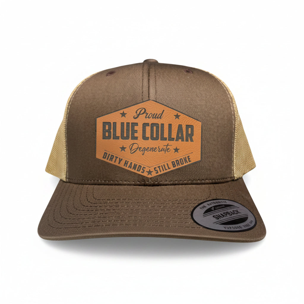 Proud Blue Collar Degenerate Hat – Laser Engraved Leather Patch Snapback – Brown & Khaki