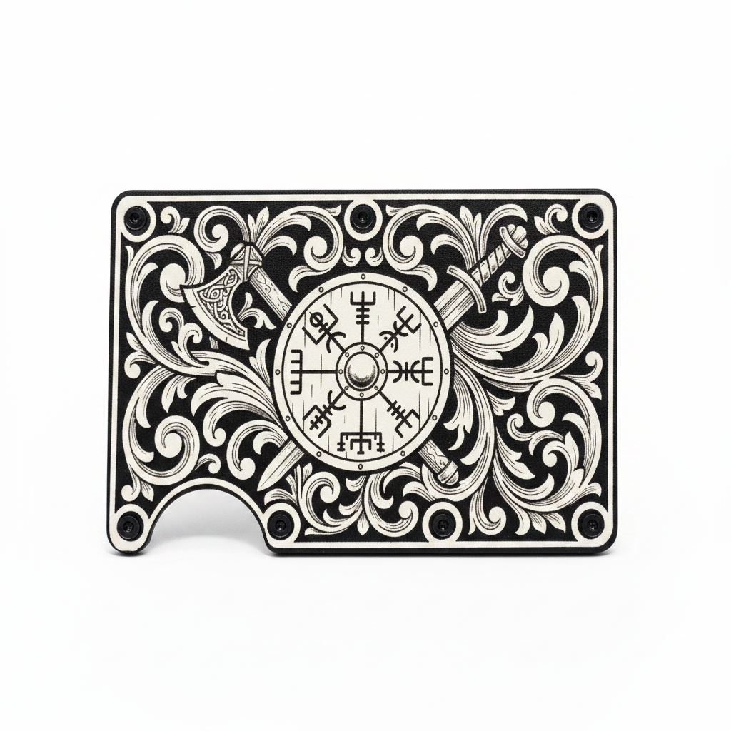 Helm of Awe Laser Engraved Metal Wallet | Viking Symbol | 12-15 Card Slim Wallet with Money Clip