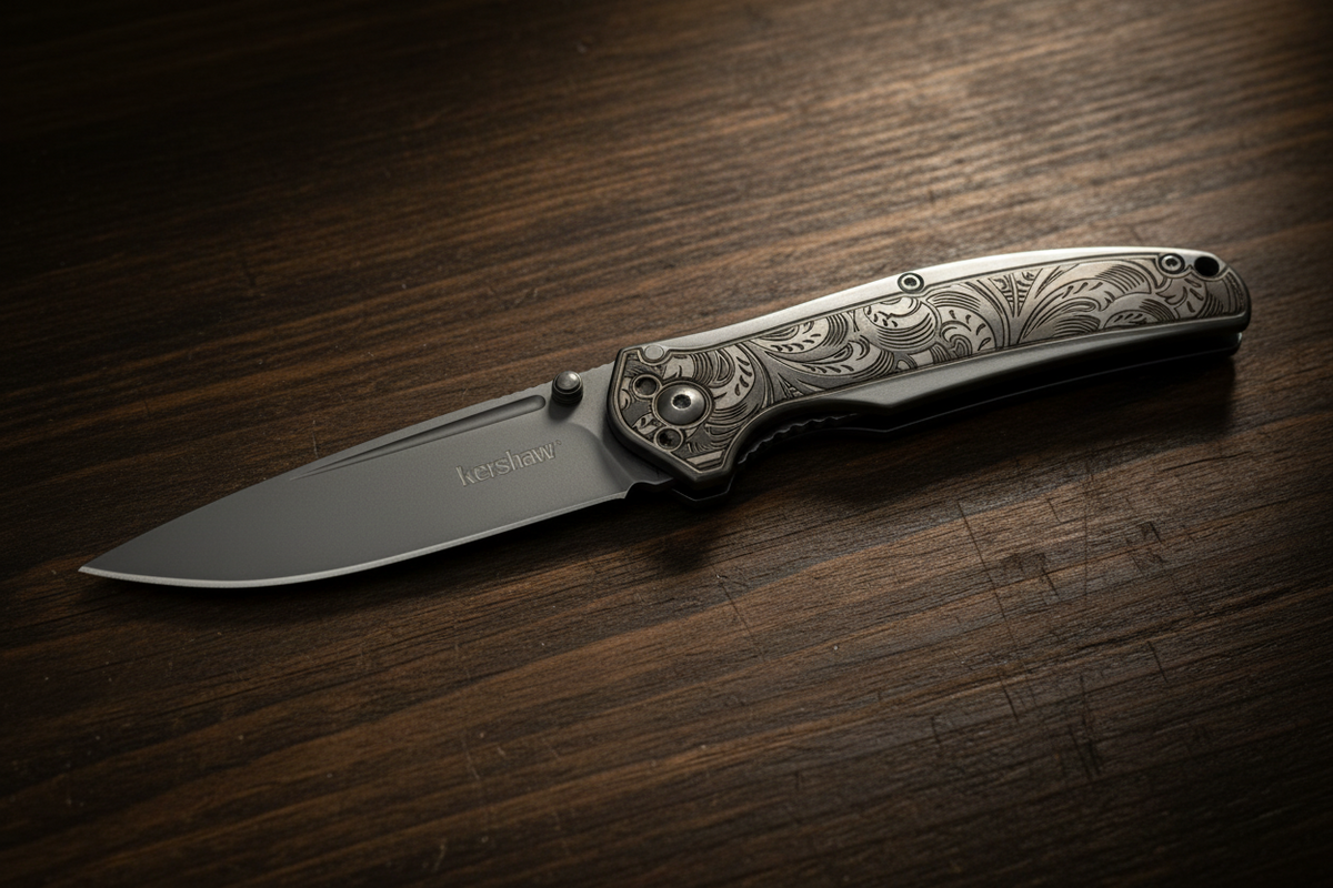 Kershaw Catalytic Folding Knife – Custom Laser Engraved Scrollwork Handle