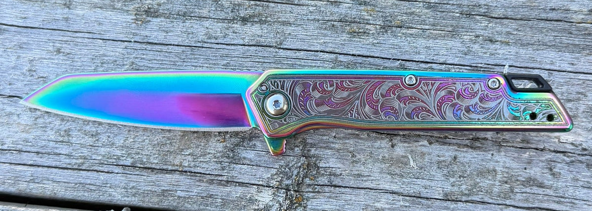 Kershaw Misdirect RBW Folding Knife – Laser Engraved Oil Slick Rainbow Handle