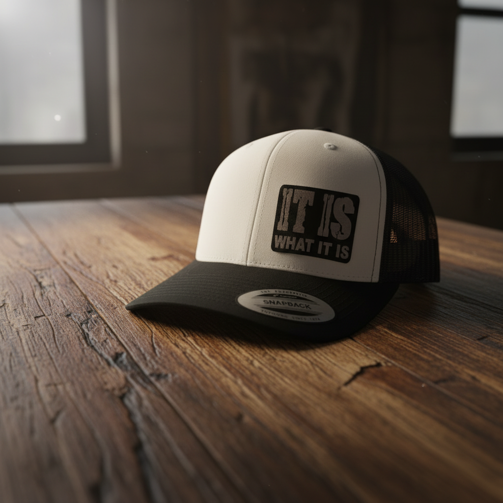 It Is What It Is Snapback Hat – Laser Engraved Leather Patch, Black & White