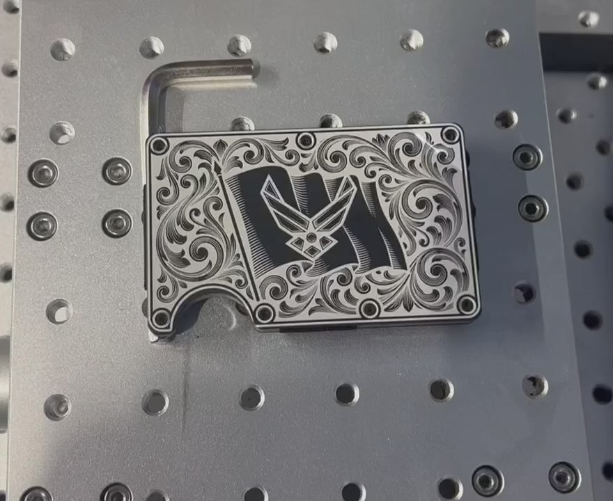 Air Force Laser Engraved Metal Wallet | Flag & Logo with Scrollwork | Slim 12-15 Card Wallet with Money Clip